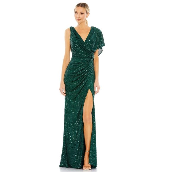 Mac Duggal Dresses & Skirts - Mac Duggal 26988 Sequined Asymmetrical Draped Trumpet Gown Size 14 Green
